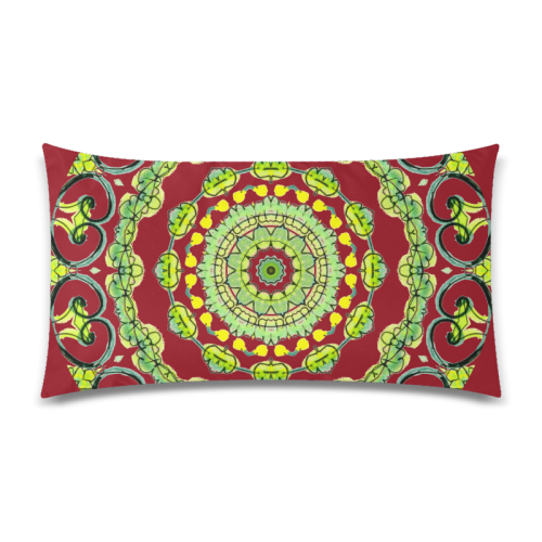 Green Lace Flowers, Leaves Mandala Design Maroon Rectangle Pillow Case 20"x36"(Twin Sides)