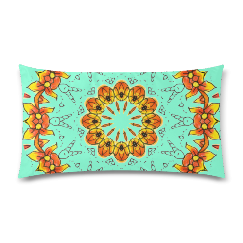 Dancing Orange Yellow Flowers Ladybugs Mandala Aquamarine Custom Rectangle Pillow Case 20"x36" (one side)