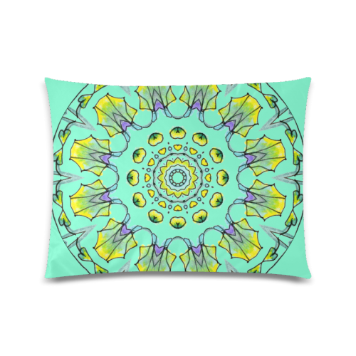 Yellow, Green, Purple Flowers, Leaves Mandala Aquamarine Custom Picture Pillow Case 20"x26" (one side)