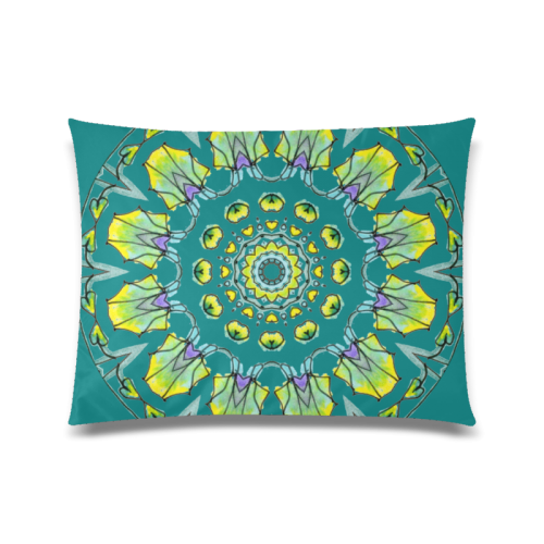 Yellow, Green, Purple Flowers, Leaves Mandala Deep Teal Custom Zippered Pillow Case 20"x26"(Twin Sides)