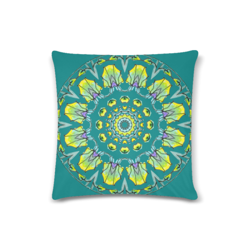 Yellow, Green, Purple Flowers, Leaves Mandala Deep Teal Custom Zippered Pillow Case 16"x16" (one side)