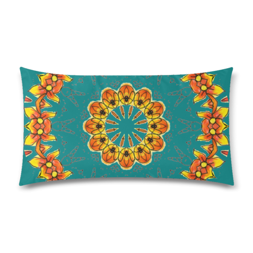 Dancing Orange Yellow Flowers Ladybugs Mandala Deep Teal Rectangle Pillow Case 20"x36"(Twin Sides)