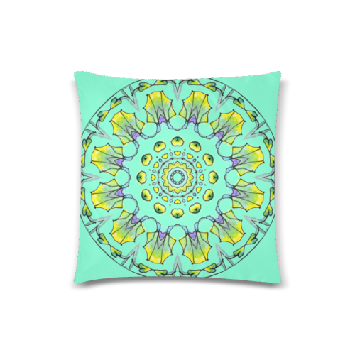 Yellow, Green, Purple Flowers, Leaves Mandala Aquamarine Custom Zippered Pillow Case 18"x18" (one side)