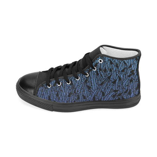 blue ombre black feather pattern Women's Classic High Top Canvas Shoes (Model 017)