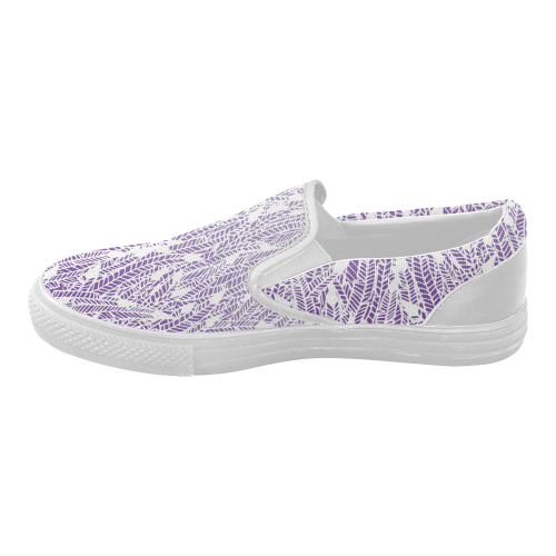 purple ombre feathers pattern white Women's Slip-on Canvas Shoes (Model 019)