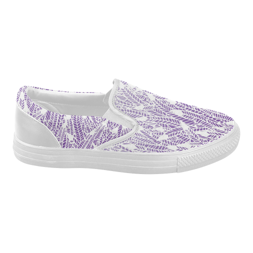 purple ombre feathers pattern white Women's Slip-on Canvas Shoes (Model 019)
