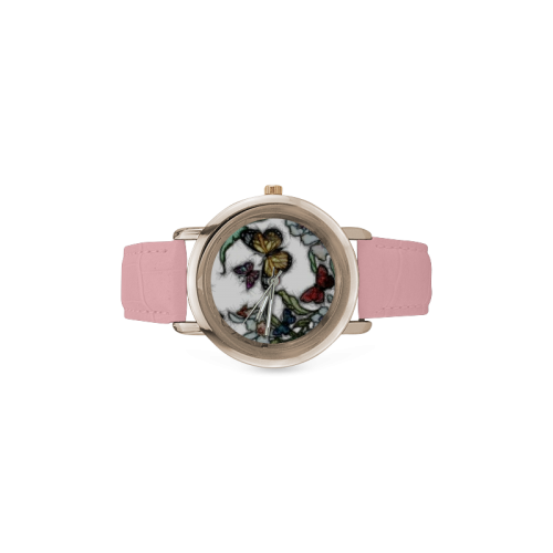 Butterflies and Flowers Women's Rose Gold Leather Strap Watch(Model 201)