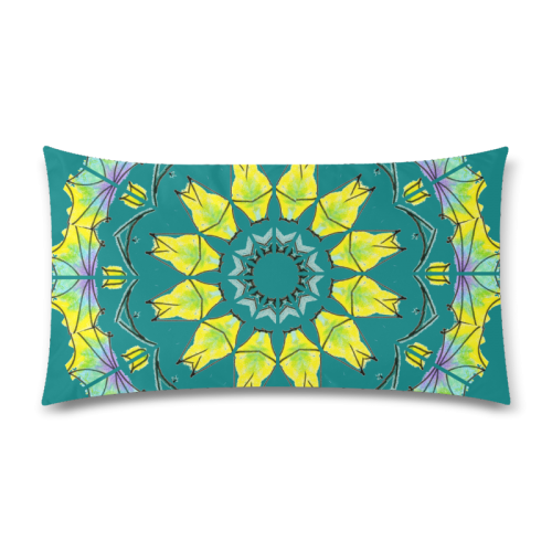 Yellow Green Purple Flowers Leaves Wheel Mandala Deep Teal Custom Rectangle Pillow Case 20"x36" (one side)