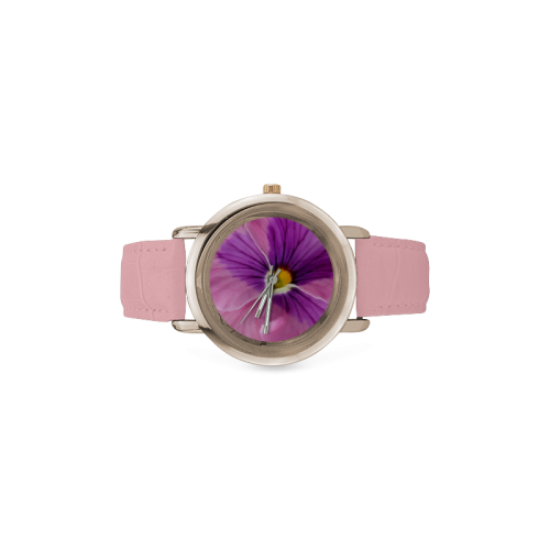 Pink and Purple Pansy Women's Rose Gold Leather Strap Watch(Model 201)