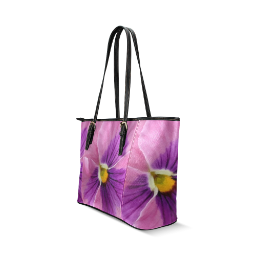 Pink and Purple Pansy Leather Tote Bag/Small (Model 1640)