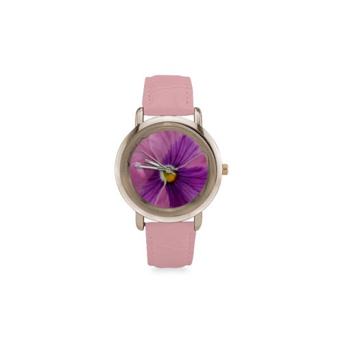Pink and Purple Pansy Women's Rose Gold Leather Strap Watch(Model 201)