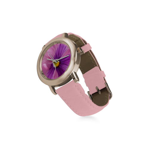 Pink and Purple Pansy Women's Rose Gold Leather Strap Watch(Model 201)