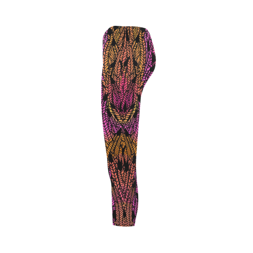 pink yellow black feather pattern Capri Legging (Model L02)