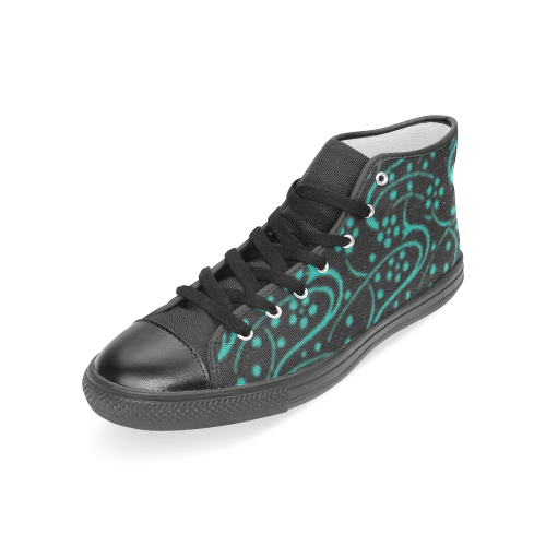 Vintage Swirl Floral Teal Turquoise Black Women's Classic High Top Canvas Shoes (Model 017)