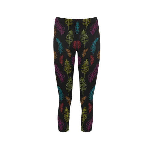 bright pink red blue green yellow feather leaves Capri Legging (Model L02)