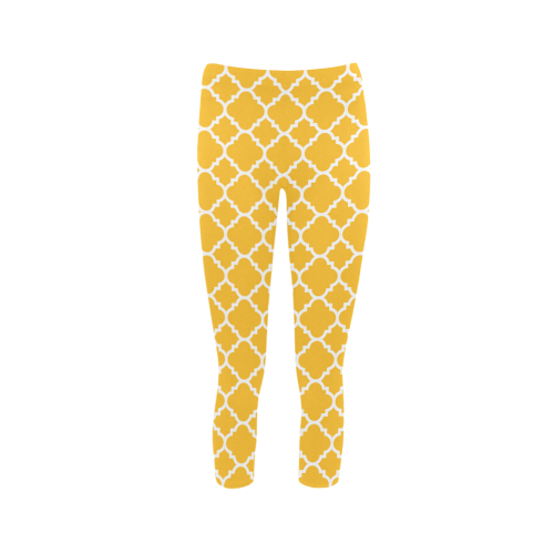 sunny yellow white quatrefoil classic pattern Capri Legging (Model L02)