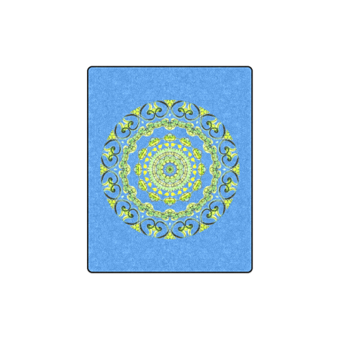 Green Lace Flowers, Leaves Mandala Design Blue Blanket 40"x50"