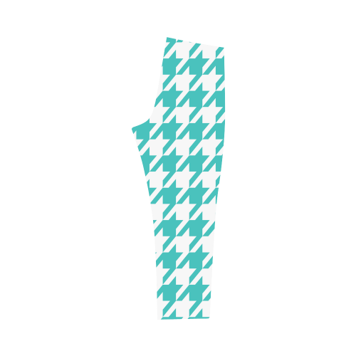 turquoise and white houndstooth classic pattern Capri Legging (Model L02)