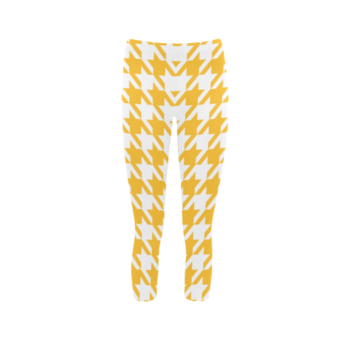sunny yellow and white houndstooth classic pattern Capri Legging (Model L02)