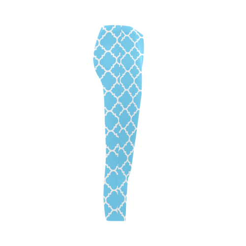 bright blue white quatrefoil classic pattern Capri Legging (Model L02)