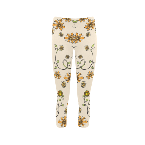 yellow orange fantasy doodle flower pattern Capri Legging (Model L02)