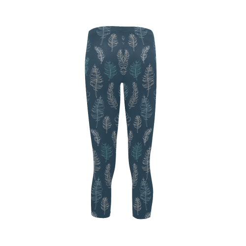 midnight feather leaves whimsical blue pattern Capri Legging (Model L02)