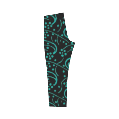 Vintage Swirl Floral Teal Turquoise Black Capri Legging (Model L02)