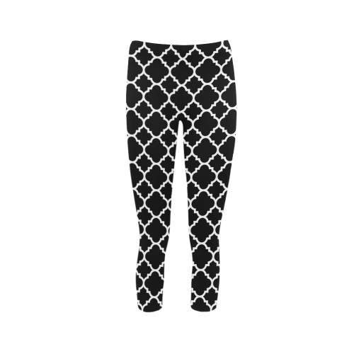 black white quatrefoil classic pattern Capri Legging (Model L02)