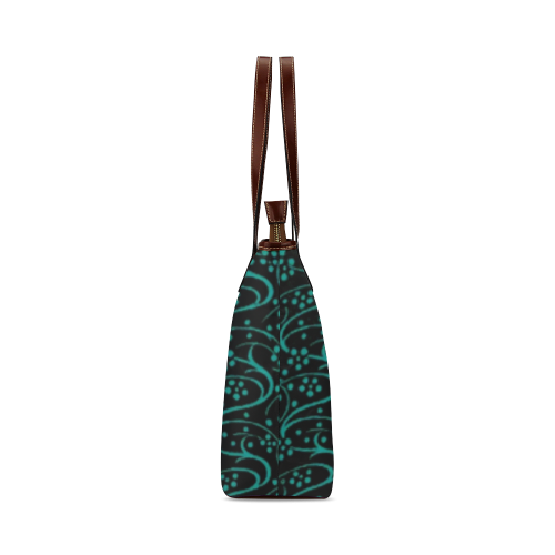 Vintage Swirl Floral Teal Turquoise Black Shoulder Tote Bag (Model 1646)