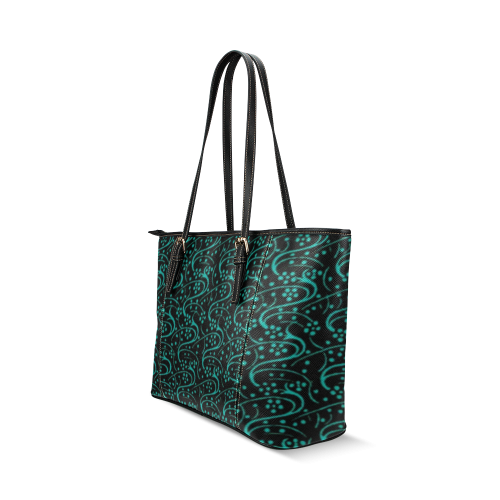 Vintage Swirl Floral Teal Turquoise Black Leather Tote Bag/Small (Model 1640)