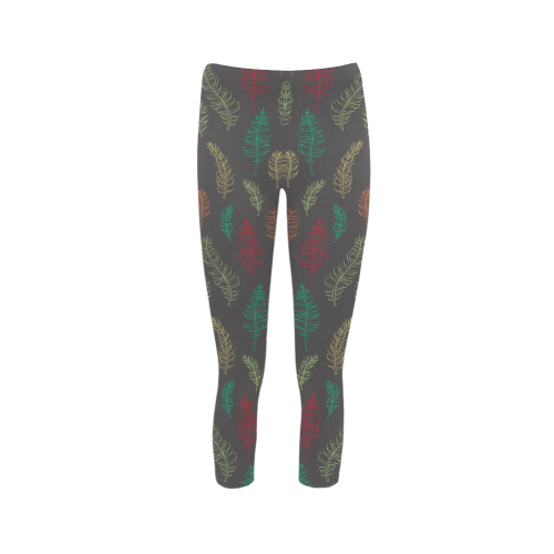 green orange red feather leaves on grey Capri Legging (Model L02)