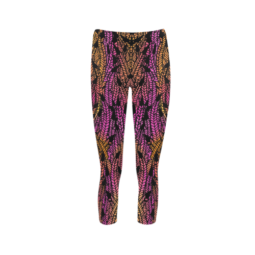 pink yellow black feather pattern Capri Legging (Model L02)