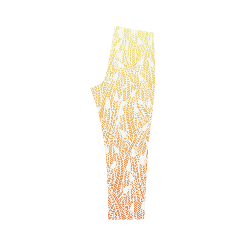 yellow orange ombre feather pattern white Capri Legging (Model L02)