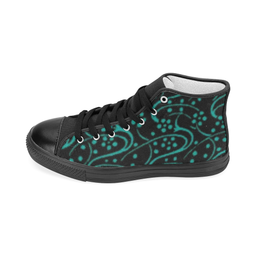 Vintage Swirl Floral Teal Turquoise Black Women's Classic High Top Canvas Shoes (Model 017)