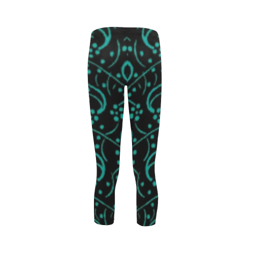 Vintage Swirl Floral Teal Turquoise Black Capri Legging (Model L02)