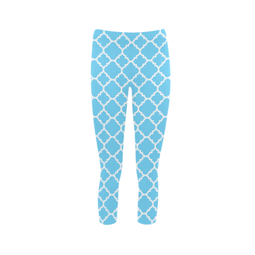 bright blue white quatrefoil classic pattern Capri Legging (Model L02)