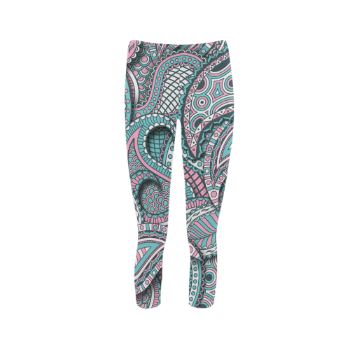 Pink teal white fun ornate paisley pattern Capri Legging (Model L02)