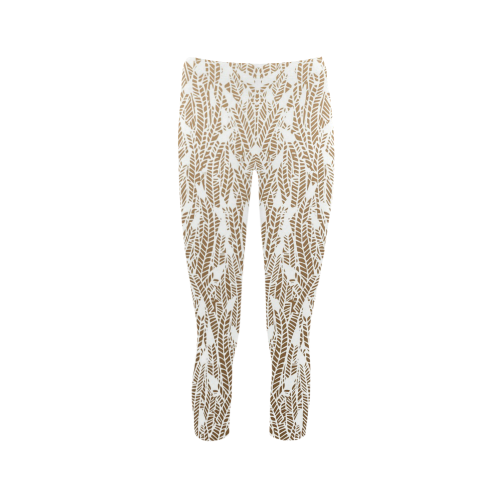 brown ombre feathers pattern white Capri Legging (Model L02)