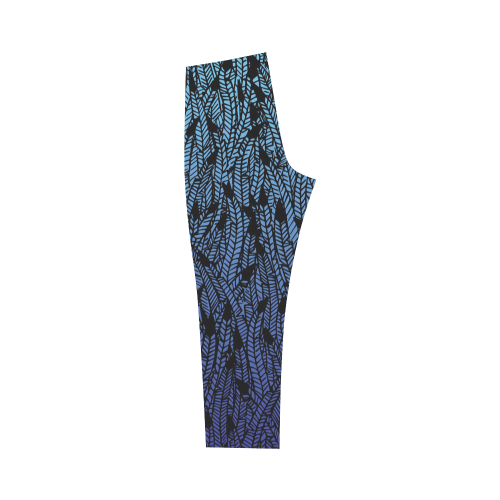 blue ombre black feather pattern Capri Legging (Model L02)