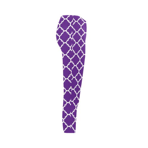 royal purple white quatrefoil classic pattern Capri Legging (Model L02)