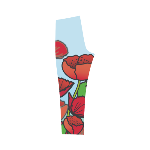 field of poppy flowers red floral Capri Legging (Model L02)