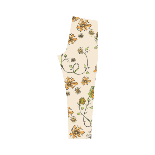 yellow orange fantasy doodle flower pattern Capri Legging (Model L02)