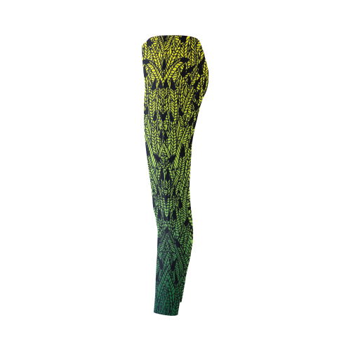 yellow and green ombre feathers pattern black Cassandra Women's Leggings (Model L01)