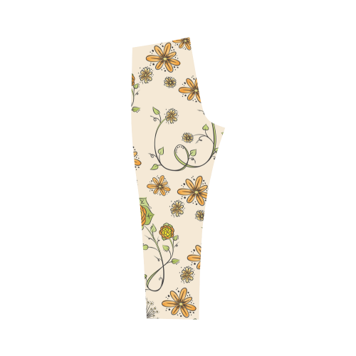 yellow orange fantasy doodle flower pattern Capri Legging (Model L02)