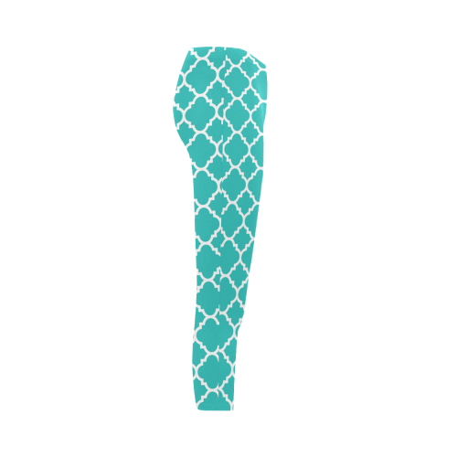 turquoise white quatrefoil classic pattern Capri Legging (Model L02)