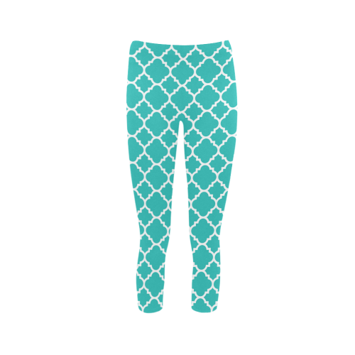 turquoise white quatrefoil classic pattern Capri Legging (Model L02)