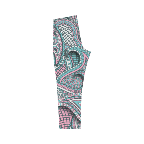 Pink teal white fun ornate paisley pattern Capri Legging (Model L02)