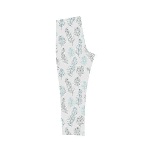 blue on grey whimsical feathers pattern Capri Legging (Model L02)