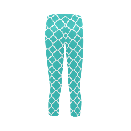 turquoise white quatrefoil classic pattern Capri Legging (Model L02)