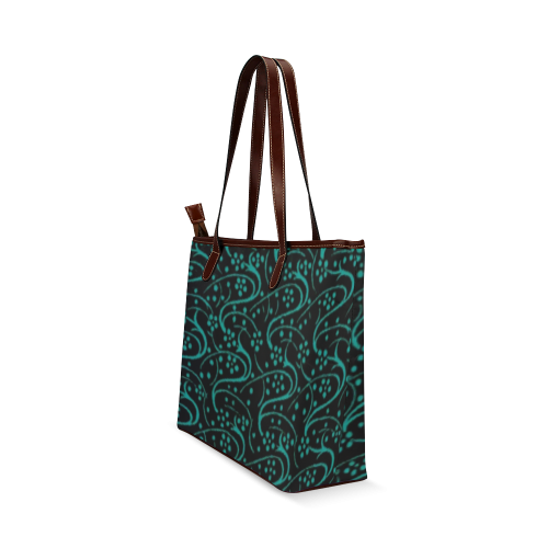 Vintage Swirl Floral Teal Turquoise Black Shoulder Tote Bag (Model 1646)